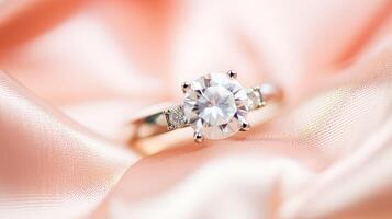 ai gerado jóias, proposta e feriado presente, diamante noivado anel em Rosa seda tecido, símbolo do amor, romance e comprometimento foto