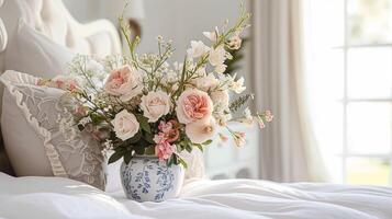 ai gerado Primavera flores dentro vintage vaso, lindo floral arranjo, casa decoração, Casamento e florista Projeto foto