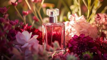 ai gerado perfume garrafa dentro flores, fragrância em florescendo fundo, floral odor e Cosmético produtos foto