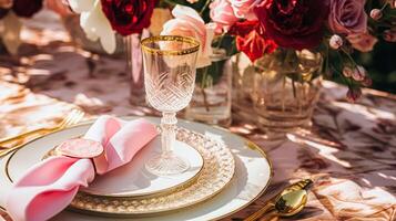 ai gerado Casamento e evento celebração paisagem de mesa com flores, formal jantar mesa configuração com rosas e vinho, elegante floral mesa decoração para jantar festa e feriado decoração, casa estilo foto