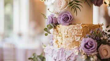 ai gerado Casamento decoração com lavanda tema, floral decoração Projeto e lindo decoração configuração arranjo foto