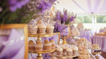 ai gerado Casamento decoração com lavanda tema, floral decoração Projeto e lindo decoração configuração arranjo foto