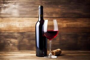 ai gerado garrafa e uma vidro do vermelho vinho em rústico de madeira fundo, vinho degustação e adega, pós-processado, generativo ai foto