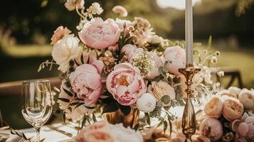 ai gerado Casamento decoração com peônias, floral decoração e evento celebração, peônia flores e Casamento cerimônia dentro a jardim, Inglês país estilo foto