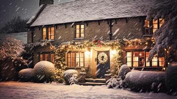 ai gerado Natal dentro a interior, chalé e jardim decorado para feriados em uma Nevado inverno tarde com neve e feriado luzes, Inglês país estilo foto