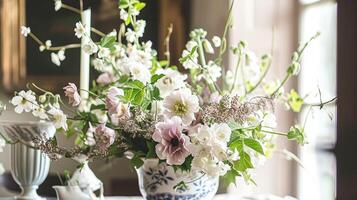 ai gerado Primavera flores dentro vintage vaso, lindo floral arranjo, casa decoração, Casamento e florista Projeto foto