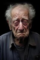ai gerado retrato do uma triste idosos homem em uma Preto fundo foto