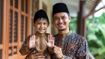 ai gerado ásia muçulmano família pai e filho sorrir e cumprimento foto