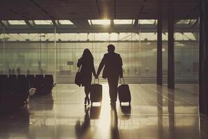 ai gerado recortado casal segurando mãos dentro aeroporto terminal com bagagem, retroiluminado de uma caloroso nascer do sol, amplo espaço para texto, viagem conceito foto