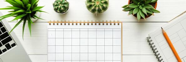 ai gerado em branco por mês calendário em branco de madeira escrivaninha com computador portátil, em vaso plantas, e lápis, apresentando cópia de espaço para planejamento e organização conceitos foto