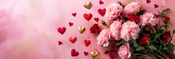 ai gerado romântico dia dos namorados dia bandeira com Rosa peônias, vermelho rosas, e espalhados corações em uma suave Rosa fundo com copyspace para texto foto