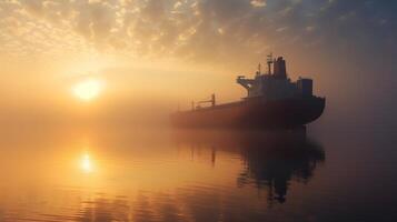 ai gerado dourado pôr do sol carga navio silhueta reflexão foto