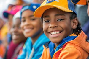 ai gerado feliz africano crianças desfrutando Esportes evento foto