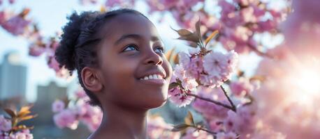 ai gerado alegre africano americano criança abraçando primavera em meio a florescendo Rosa cereja flores, com uma brilhando pôr do sol dentro a fundo foto