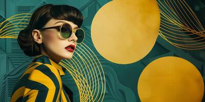 ai gerado à moda retro futurista mulher com oculos de sol contra uma gráfico fundo com dourado geométrico formas, evocando uma vintage ainda moderno moda estético foto