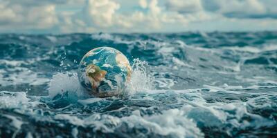 ai gerado vidro globo parcialmente submerso dentro oceano água, simbolizando de Meio Ambiente conservação e mundo água dia, com nuvens e ondas dentro a fundo foto