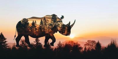 ai gerado Duplo exposição do uma rinoceronte silhueta com uma floresta panorama às pôr do sol, representando a conceito do animais selvagens conservação e naturezas beleza foto