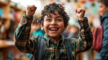 ai gerado escola criança levantando dele braços dentro excitação dentro uma Sala de aula foto