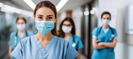 ai gerado grupo do enfermagem alunos em pé dentro hospital corredor vestindo máscaras foto