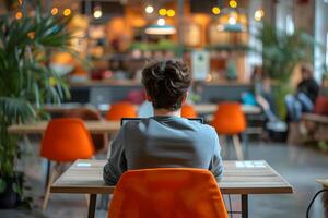 ai gerado focado Individual pessoa trabalho sozinho com computador portátil dentro borrado coworking espaço foto