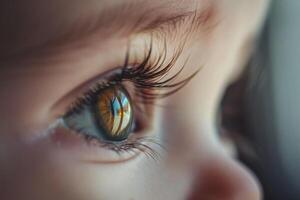 ai gerado realista fechar acima tiro lindo natural Castanho criança bebê olho com grandes cílios. olhos estão a espelho do a alma foto