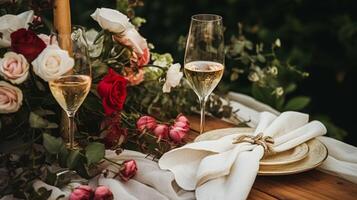 ai gerado Casamento e evento celebração paisagem de mesa com flores, formal jantar mesa configuração com rosas e vinho, elegante floral mesa decoração para jantar festa e feriado decoração, casa estilo foto