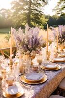ai gerado Casamento paisagem de mesa, elegante formal jantar mesa contexto, mesa escapar com lavanda decoração para feriado festa evento celebração, generativo ai foto