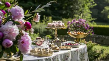 ai gerado Casamento decoração com peônias, floral decoração e evento celebração, peônia flores e Casamento cerimônia dentro a jardim, Inglês país estilo foto