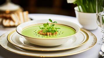 ai gerado ervilha creme sopa dentro uma restaurante, Inglês campo requintado cozinha cardápio, culinária arte Comida e bem jantar foto