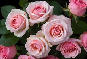ai gerado festivo congratulatório ramalhete do Rosa rosas com verde folhas em uma luz fundo foto