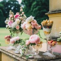 ai gerado gelo creme sobremesas bufê mesa, evento Comida refeições para casamento, festa e feriado celebração, gelo cremes e flores decoração dentro uma floral campo jardim, generativo ai foto