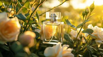 ai gerado perfume garrafa dentro flores, fragrância em florescendo fundo, floral odor e Cosmético produtos foto