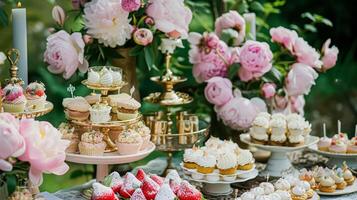 ai gerado Casamento decoração com peônias, floral decoração e evento celebração, peônia flores e Casamento cerimônia dentro a jardim, Inglês país estilo foto