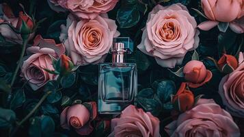 ai gerado perfume garrafa dentro flores, fragrância em florescendo fundo, floral odor e Cosmético produtos foto