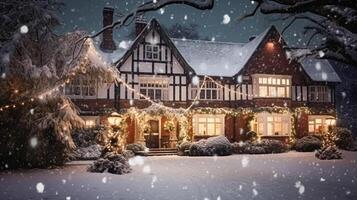 ai gerado Natal dentro a campo mansão, Inglês país casa mansão decorado para feriados em uma Nevado inverno tarde com neve e feriado luzes, alegre Natal e feliz feriados foto