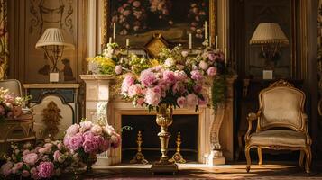 ai gerado Casamento decoração com peônias, floral decoração e evento celebração, peônia flores e Casamento cerimônia dentro a jardim, Inglês país estilo foto