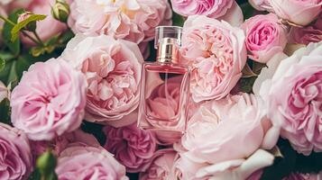 ai gerado perfume garrafa dentro flores, fragrância em florescendo fundo, floral odor e Cosmético produtos foto