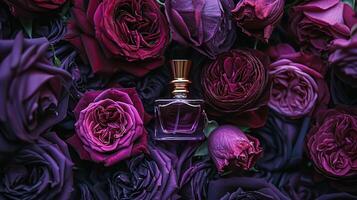 ai gerado perfume garrafa dentro flores, fragrância em florescendo fundo, floral odor e Cosmético produtos foto