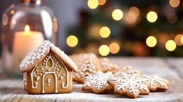 ai gerado Natal Pão de gengibre casa, feriado receita e casa cozimento, doce sobremesa para acolhedor inverno Inglês país chá dentro a cabana, caseiro Comida e cozinhando foto