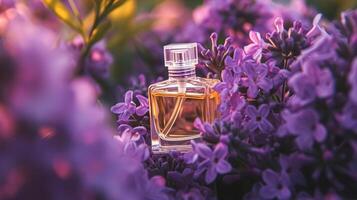 ai gerado perfume garrafa dentro flores, fragrância em florescendo fundo, floral odor e Cosmético produtos foto