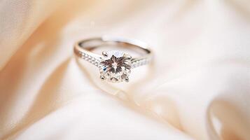 ai gerado jóias, proposta e feriado presente, diamante noivado anel em seda tecido, símbolo do amor, romance e comprometimento foto