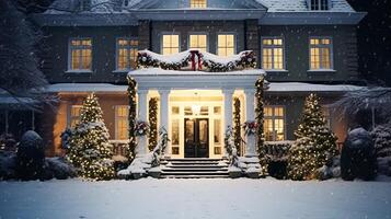 ai gerado Natal dentro a campo mansão, Inglês país casa mansão decorado para feriados em uma Nevado inverno tarde com neve e feriado luzes, alegre Natal e feliz feriados foto