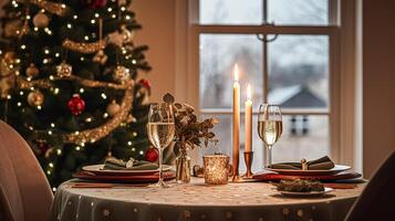 ai gerado festivo encontro noite paisagem de mesa ideia, jantar mesa configuração para dois e Natal, Novo ano, dia dos namorados dia decoração, Inglês país casa estilo foto