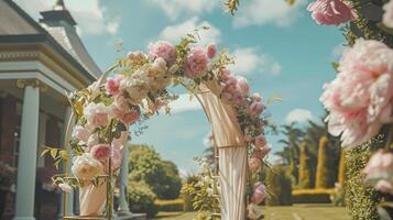 ai gerado Casamento decoração com peônias, floral decoração e evento celebração, peônia flores e Casamento cerimônia dentro a jardim, Inglês país estilo foto