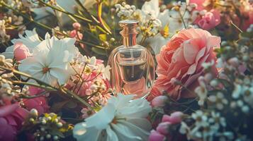 ai gerado perfume garrafa dentro flores, fragrância em florescendo fundo, floral odor e Cosmético produtos foto