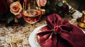 ai gerado Casamento e evento celebração paisagem de mesa com flores, formal jantar mesa configuração com rosas e vinho, elegante floral mesa decoração para jantar festa e feriado decoração, casa estilo foto