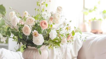 ai gerado Primavera flores dentro vintage vaso, lindo floral arranjo, casa decoração, Casamento e florista Projeto foto