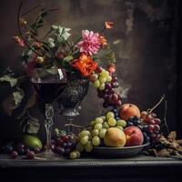 ai gerado imperial ainda vida, apresentando uma vidro do vermelho vinho, uma recompensa do fresco fruta, e uma clássico vaso transbordante com flores foto