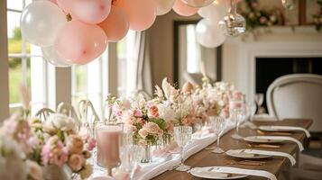 ai gerado aniversário paisagem de mesa ou doce Barra com doces, aniversário bolo e bolos de copo, lindo festa celebração foto