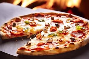 ai gerado pizza capricciosa caseiro com fogo dentro a forno, conectados Entrega a partir de pizzaria, levar longe e italiano velozes comida, generativo ai foto